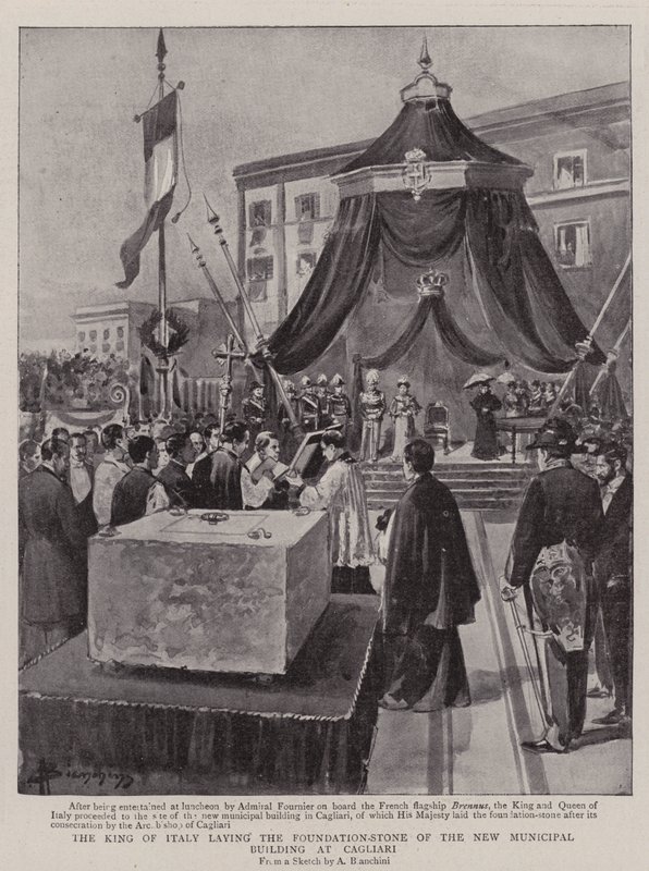 Italian kuningas laskemassa peruskiven uudelle kunnallisrakennukselle Cagliarissa (litho) tekijältä (after) Italian School
