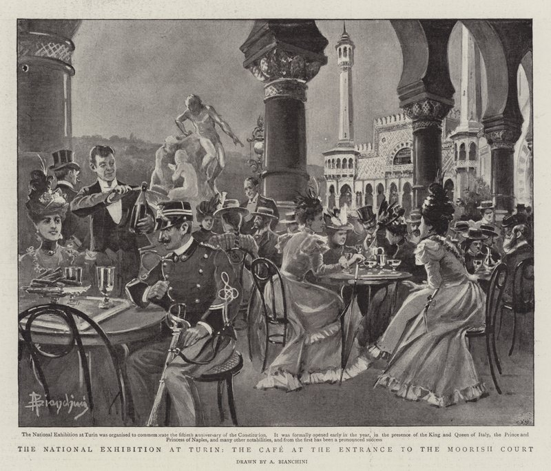 Kansallinen näyttely Torinossa, kahvila maurilaisen tuomioistuimen sisäänkäynnissä (litho) tekijältä (after) Italian School