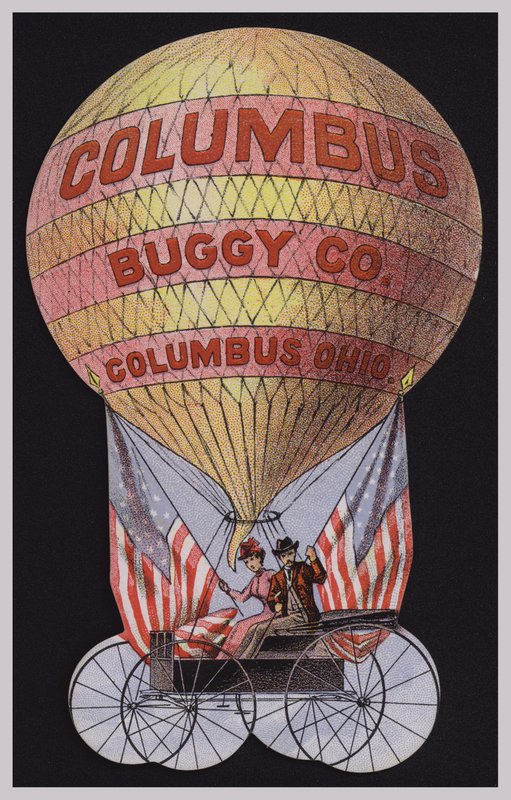 Amerikkalainen kauppakortti, joka mainostaa Columbus Buggy Companya, Columbus, Ohio tekijältä American School