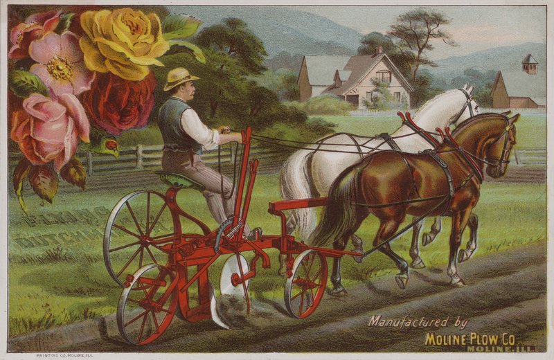 Amerikkalainen kauppakortti, joka mainostaa Moline Plough Companya, Illinois, 1880-luku tekijältä American School