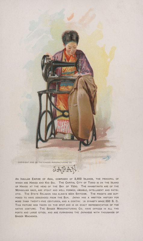 Japanilaisen naisen ompelu, Singer-ompelukoneiden mainos, 1892 tekijältä American School
