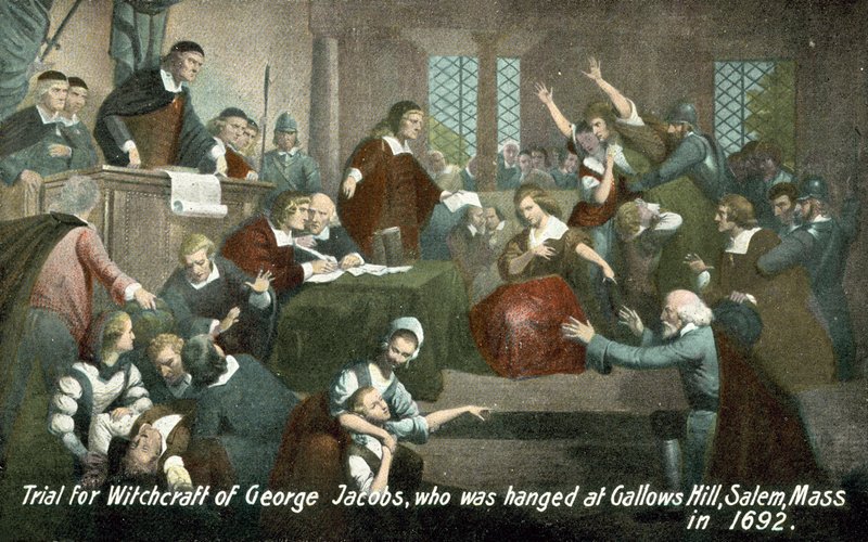 Oikeudenkäynti George Jacobsin noituudesta, joka hirtettiin Gallows Hillissä, Salemissa, Massachusettsissa, Yhdysvalloissa vuonna 1692 tekijältä American School