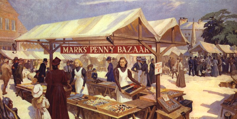 Taiteilijan vaikutelma Marks Penny Bazaarista syntyi vuonna 1884 Michael Marksilta, Sir Simon Marksin isältä. tekijältä English School