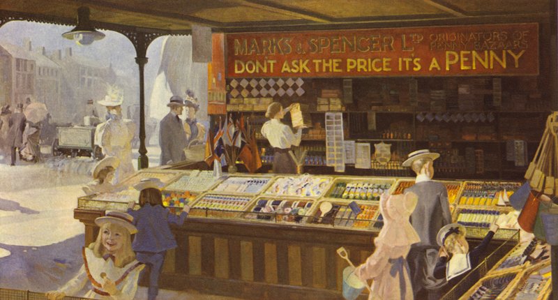 Penny Bazaarin sisätila, jossa näkyy avoin esillepano, 1900. tekijältä English School