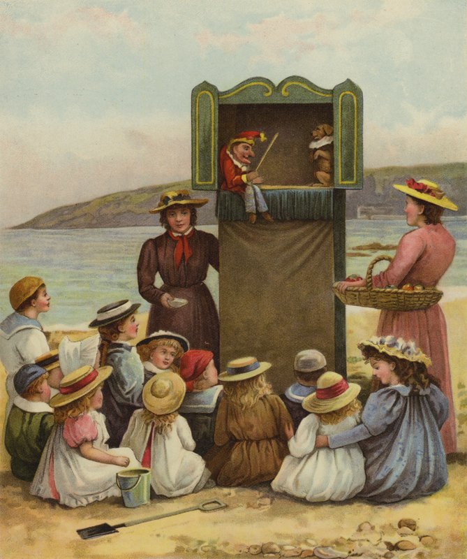 Lapset katsomassa Punch and Judy -showta rannalla tekijältä English School