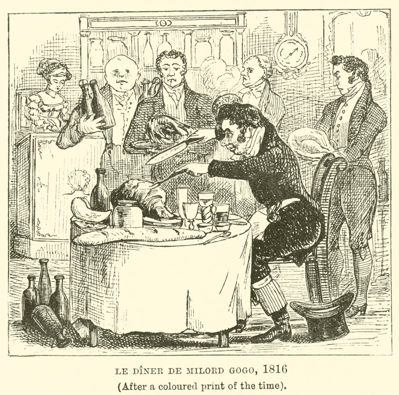 Le Diner de Milord Gogo, 1816, (ajan värillisen painatuksen jälkeen) tekijältä English School