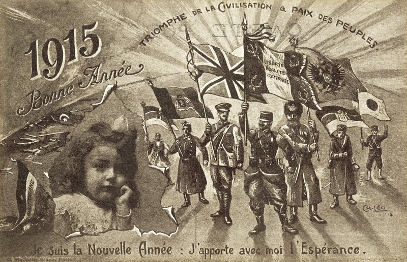 Uudenvuoden kortti vuodelle 1915, joka toivottaa sivilisaation voittoa ja rauhaa kansojen kesken tekijältä English School