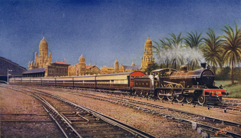 Bombay-Poona Express, joka lähtee Victorian terminaalista, Bombaysta, Great Indian Peninsula Railwaysta tekijältä English School