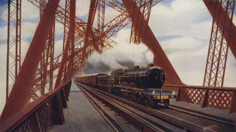 Flying Scotsman ylittää Forth Bridgen, North British Railway tekijältä English School