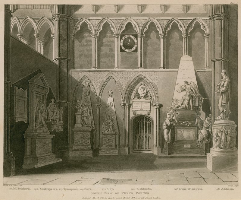 Etelänäkymä Poets Cornerista, Westminster Abbeysta, Lontoosta tekijältä A.C. and Villiers, H. Pugin