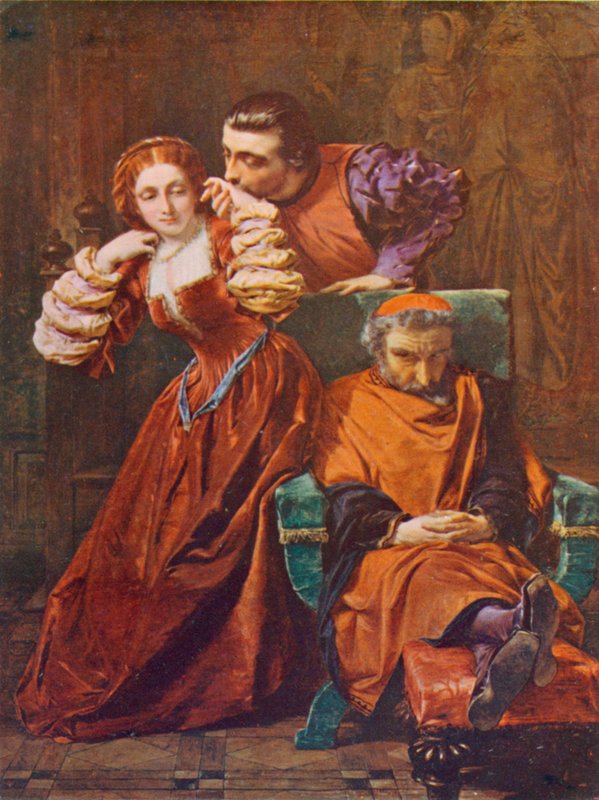 Shakespeare: Silvia ja Valentine, Veronan kaksi herraa, näytös III, kohtaus 1 (värilitho) tekijältä A. E. Elmore