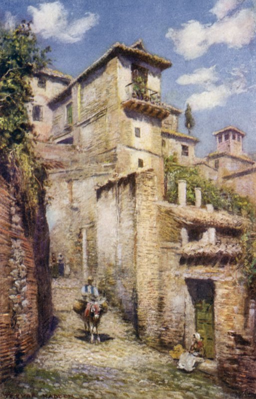 Granada, katu Albaicinissa (väri litho) tekijältä A. Trevor Haddon