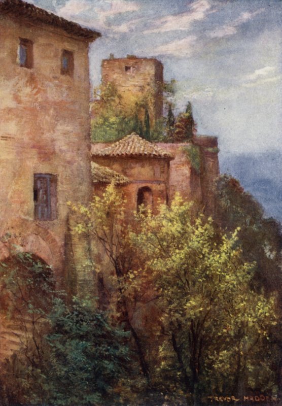 Granada, Alhambran ulkopuoli (väri litho) tekijältä A. Trevor Haddon