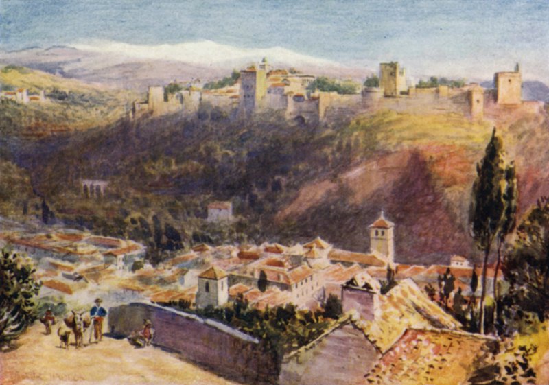Granada, yleinen näkymä Alhambralle (väri litho) tekijältä A. Trevor Haddon