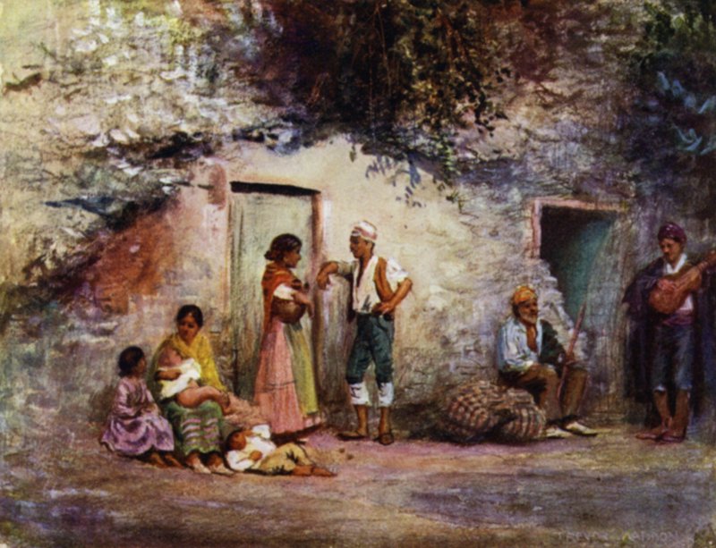 Granada, mustalaiset luoliensa ovella (väri litho) tekijältä A. Trevor Haddon