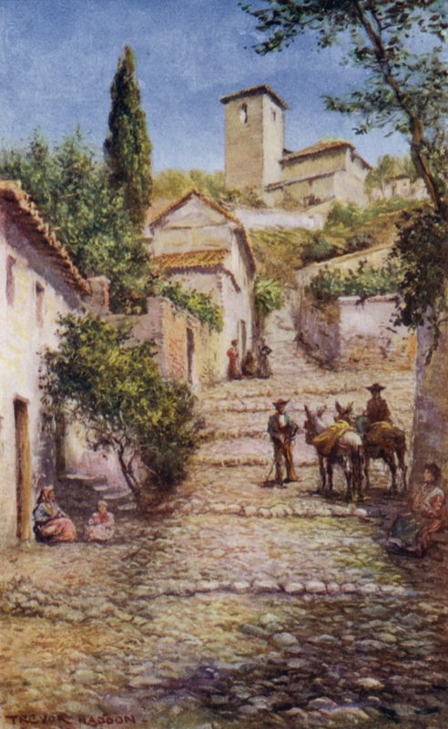 Granada, katu vanhassa korttelissa (väri litho) tekijältä A. Trevor Haddon