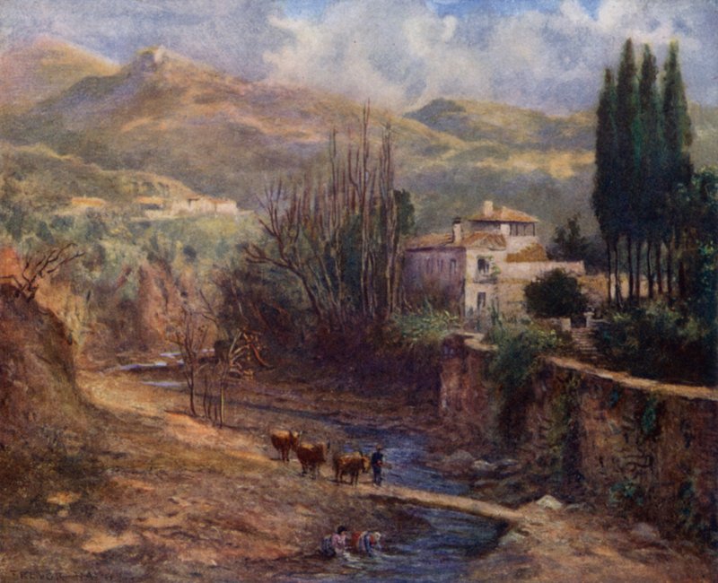 Granada, Villa on the Darro (väri litho) tekijältä A. Trevor Haddon