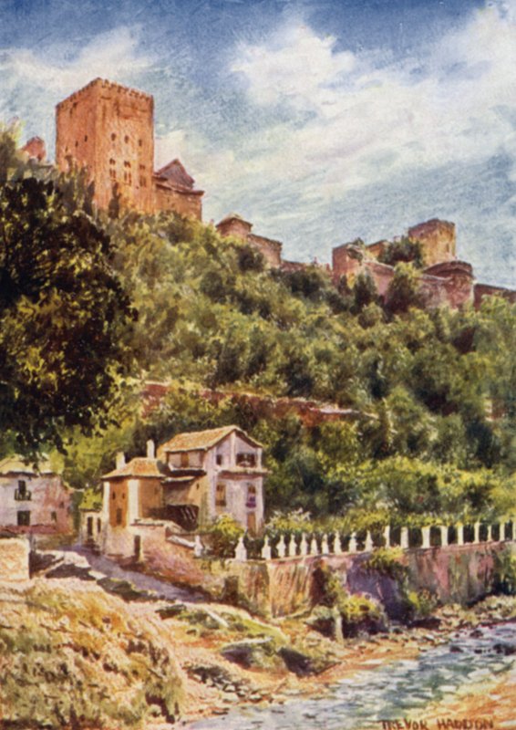 Granada, Huvilat Darro-joen rannalla (väri litho) tekijältä A. Trevor Haddon