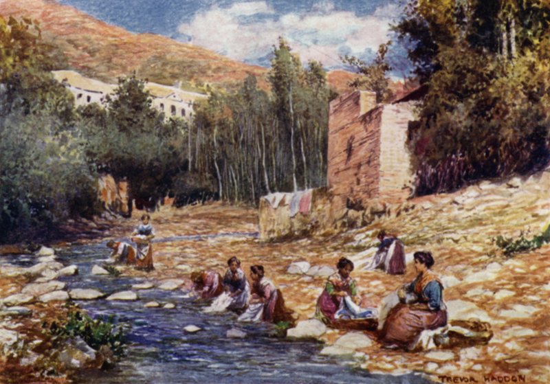 Granada, Huvilat Darro-joen rannalla (väri litho) tekijältä A. Trevor Haddon
