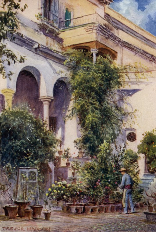 Sevilla, Alcazarin puutarhat (väri litho) tekijältä A. Trevor Haddon