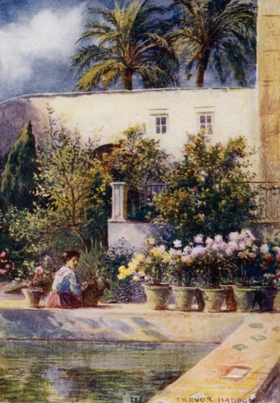Sevilla, Alcazarin puutarhat (väri litho) tekijältä A. Trevor Haddon