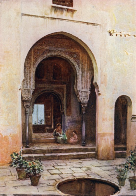 Alhambra, Mexuarin tuomioistuin, läntinen julkisivu (väri litho) tekijältä A. Trevor Haddon