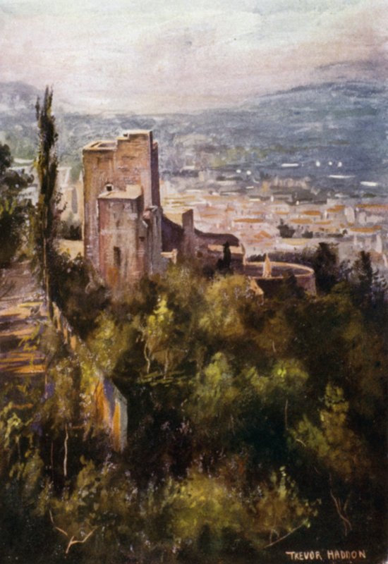 Alhambra, Vermillion Towers from the Ramparts (väri litho) tekijältä A. Trevor Haddon