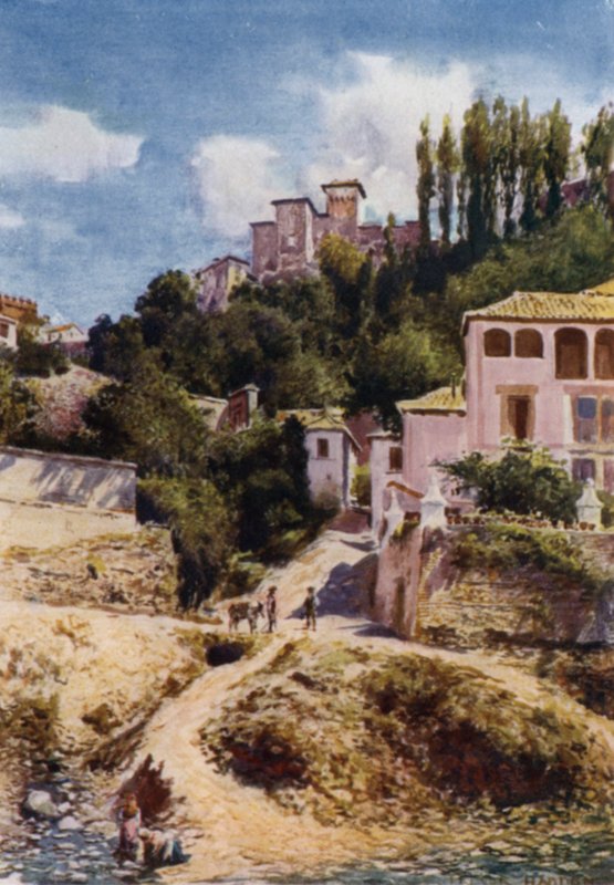 Alhambra, Torre de las Damas Darro-joesta (väri litho) tekijältä A. Trevor Haddon