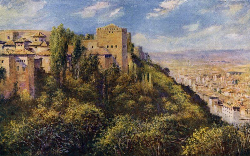 Näkymä Granadaan ja Alhambraan (väri litho) tekijältä A. Trevor Haddon