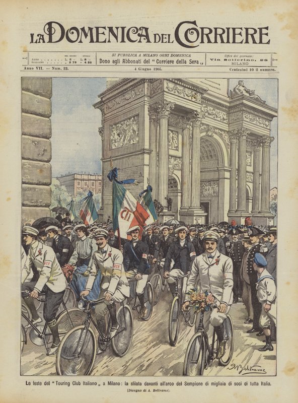 Italian Touring Clubin bileet Milanossa, paraati tuhansien Simplon-kaaren edessä? tekijältä Achille Beltrame