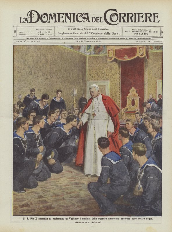 S S Pius X sallii vesillemme ankkuroidun amerikkalaisen joukkueen merimiehet suutelemaan käsiä Vatikaanissa tekijältä Achille Beltrame
