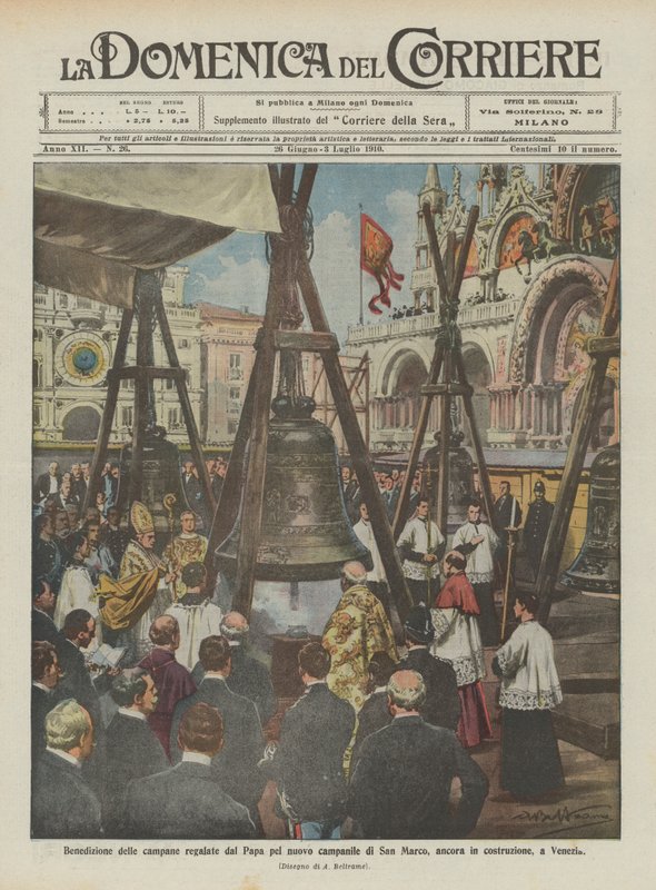 Paavin antamien kellojen siunaus San Marcon uudelle kellotornille, joka on vielä rakenteilla Venetsiassa tekijältä Achille Beltrame