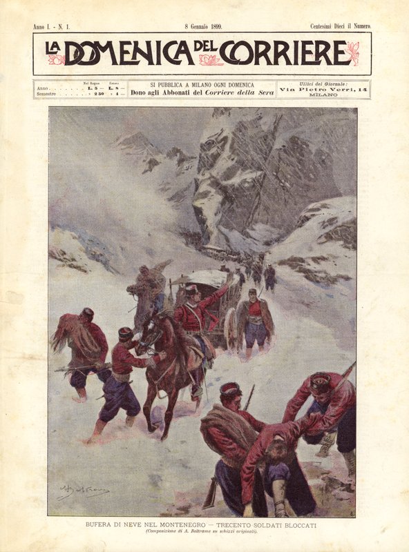 Lumimyrsky Montenegrossa, kolmesataa sotilasta estetty tekijältä Achille Beltrame
