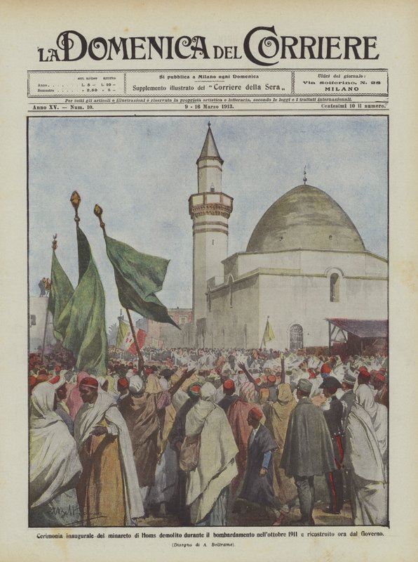 Pommi-iskun aikana lokakuussa 1911 puretun Homsin minareetin avajaisseremonia? tekijältä Achille Beltrame