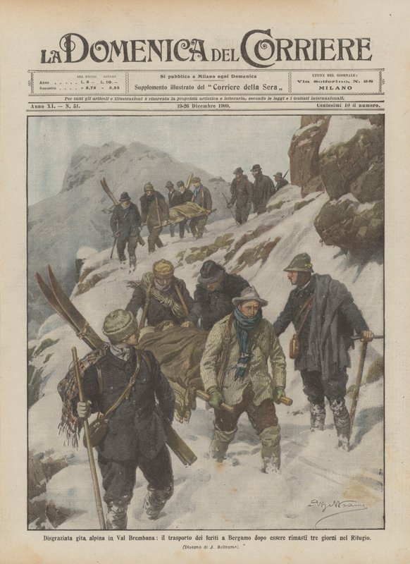 Onneton alppimatka Val Brembanassa, haavoittuneiden kuljetus Bergamoon kolmen jälkeen? tekijältä Achille Beltrame