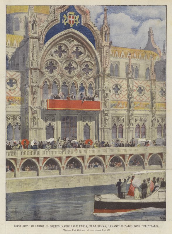 Pariisin näyttely, avajaiskulkue kulkee, Seinen rannalla, Italian paviljongin edestä tekijältä Achille Beltrame