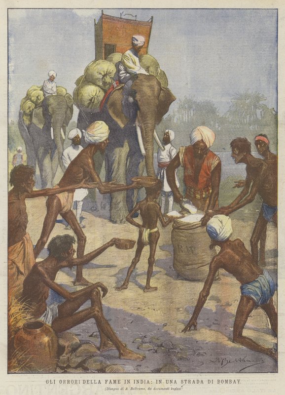 Nälkä kauhuja Intiassa, Bombay Streetillä (väri litho) tekijältä Achille Beltrame
