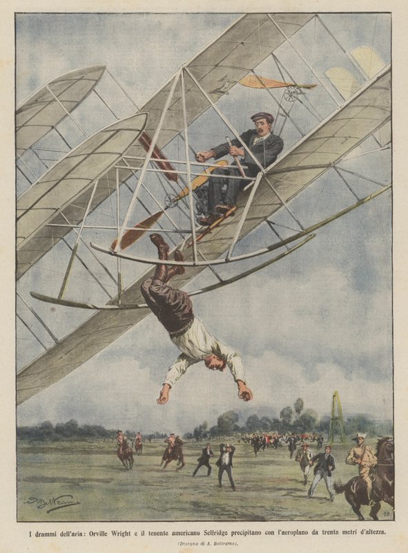 Ilmadraamat, Orville Wright ja amerikkalainen luutnantti Selfridge törmäävät lentokoneeseen? tekijältä Achille Beltrame