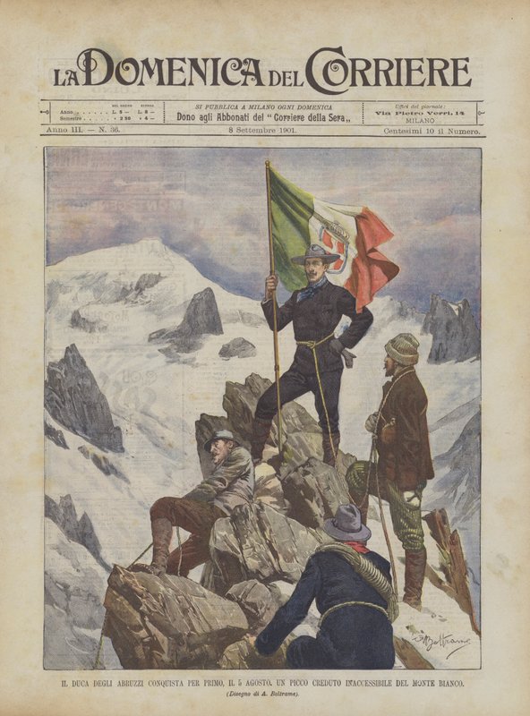 Duca Degli Abruzzi valloitti ensimmäisenä 5. elokuuta Mont Blancin huipun, jonka uskottiin olevan saavuttamaton. tekijältä Achille Beltrame