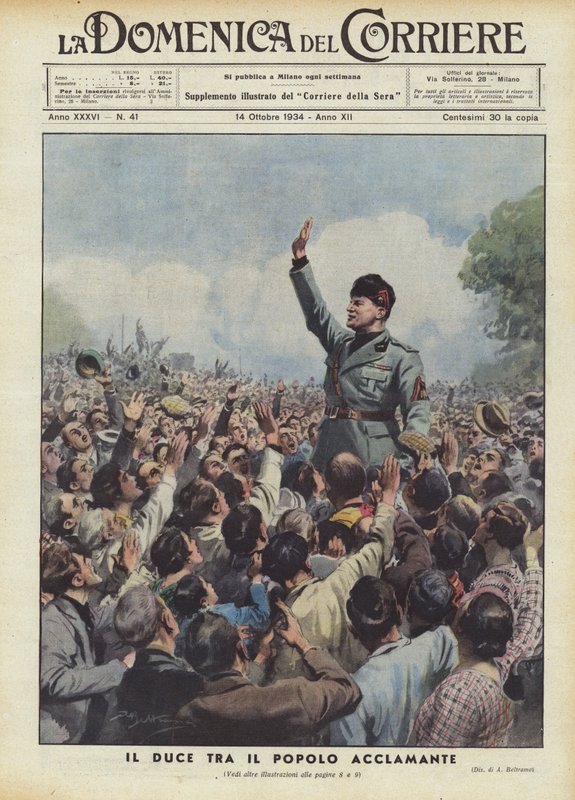 Il Duce hurraavien ihmisten joukossa tekijältä Achille Beltrame