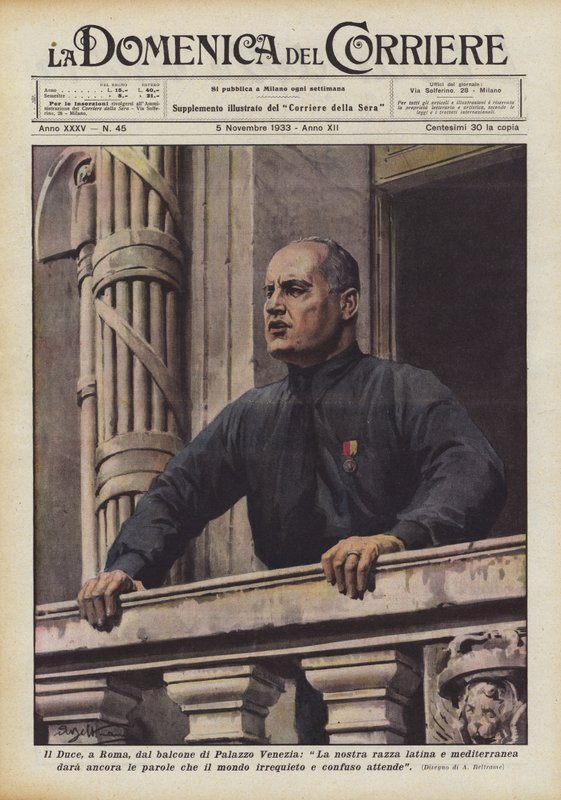 Il Duce, Rooma, Palazzo Venezian parvekkeelta, Antaako latinalais- ja välimerellinen rotumme vielä? tekijältä Achille Beltrame