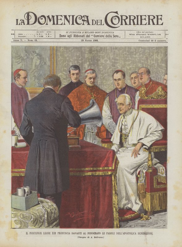 Paavi Leo XIII lausuu apostolisen siunauksen sanat fonografin edessä tekijältä Achille Beltrame