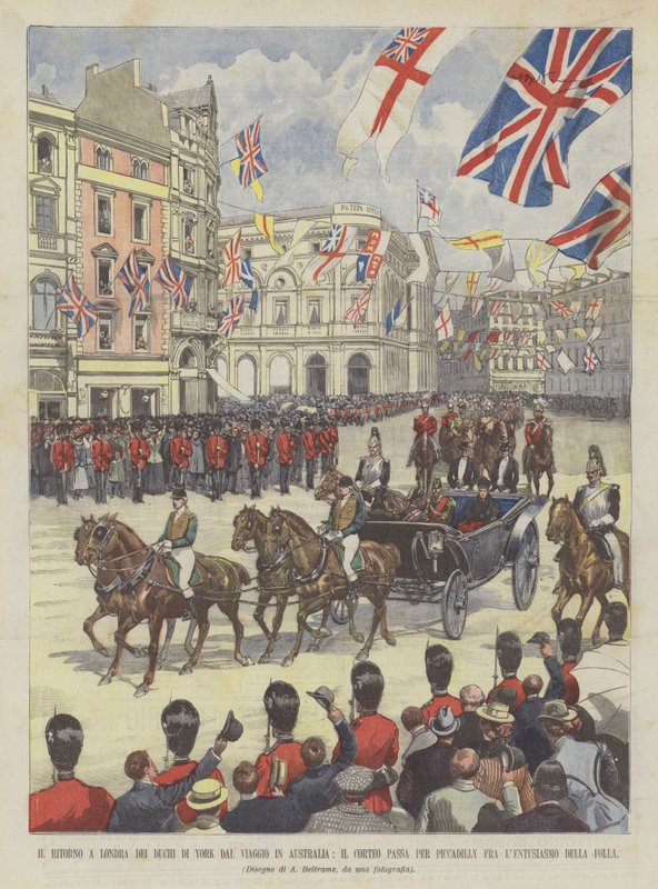 York Dughin paluu Lontooseen Kulkeeko kulkue Piccadilly Fra:n läpi matkaltaan Australiaan? tekijältä Achille Beltrame