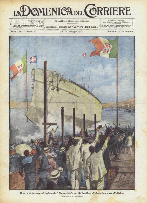 Superdreadnought Caracciolo lanseerataan R Cantiere di Castellammare di Stabiassa tekijältä Achille Beltrame