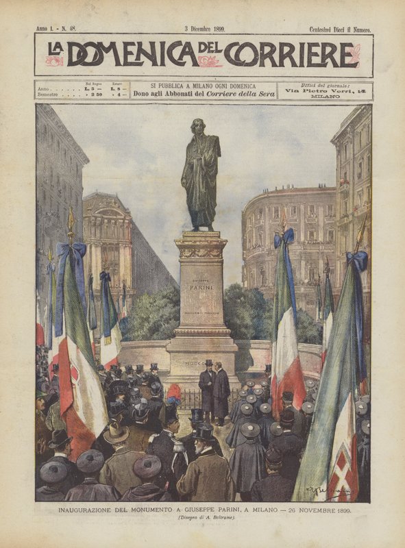 Giuseppe Parinin muistomerkin avajaiset Milanossa 26. marraskuuta 1899 tekijältä Achille Beltrame