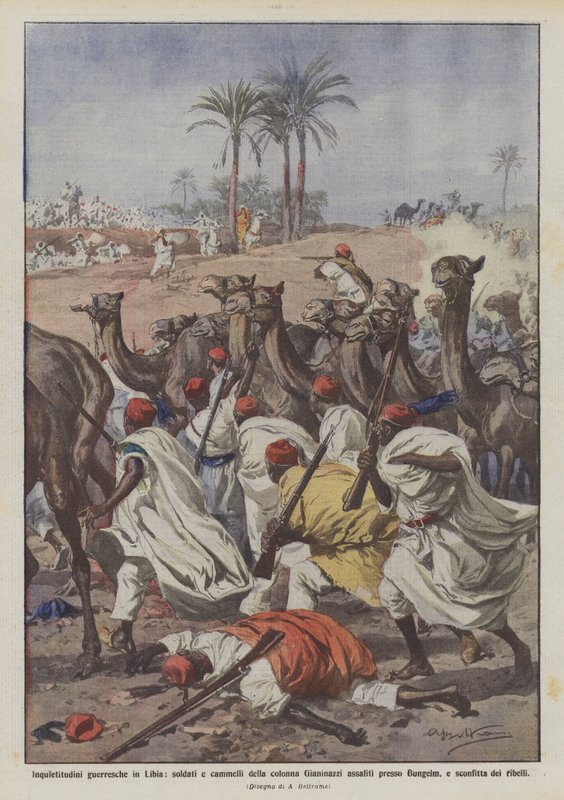 Sotaisa levottomuus Libyassa, Gianinazzi-kolannin sotilaat ja kamelit hyökkäsivät vastaan? tekijältä Achille Beltrame