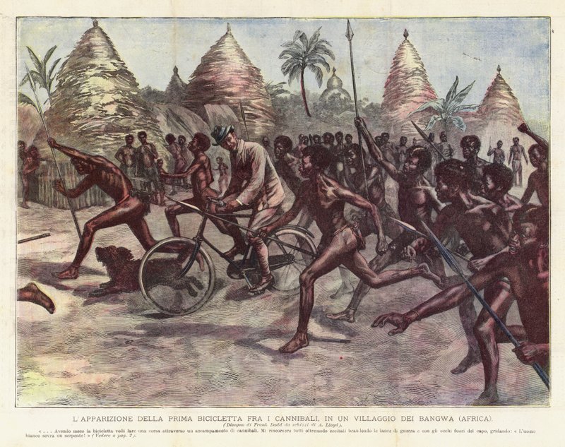 Ensimmäisen polkupyörän ilmestyminen kannibaalien joukossa Bangwan kylässä (Afrikka) tekijältä Achille Beltrame