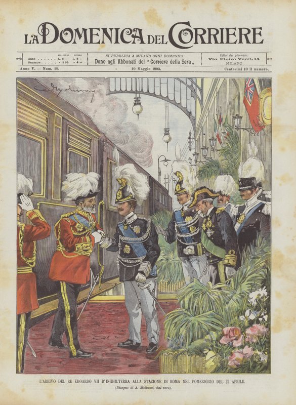 Englannin kuningas Edward VII:n saapuminen Rooman asemalle iltapäivällä 27. huhtikuuta tekijältä Achille Beltrame