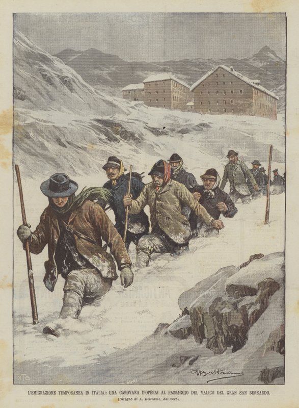 Väliaikainen muutto Italiaan, karavaani toimii Gran San Bernardon solan risteyksessä tekijältä Achille Beltrame