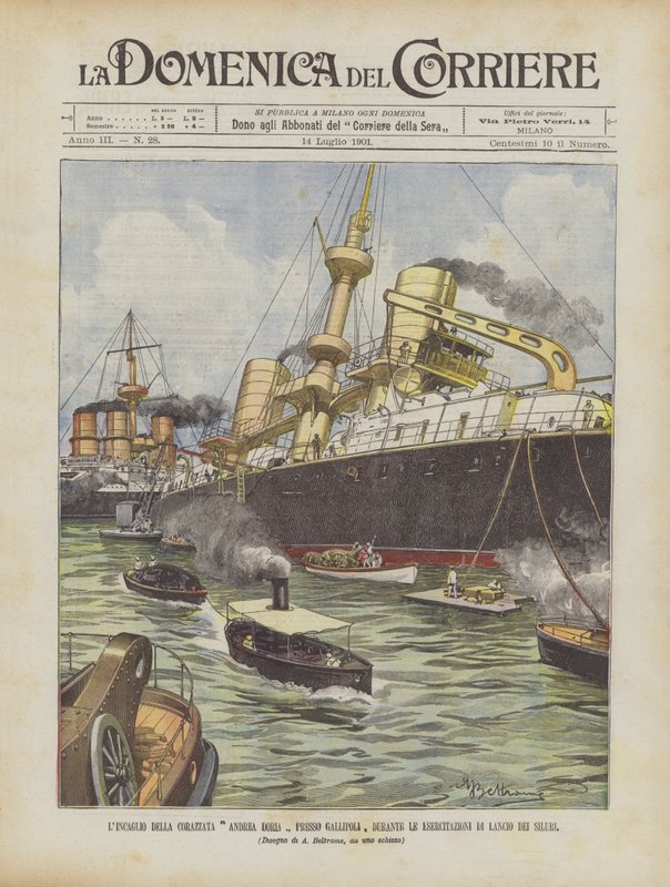 Taistelulaiva Andrea Doria karillea lähellä Gallipolia torpedojen laukaisuharjoitusten aikana tekijältä Achille Beltrame